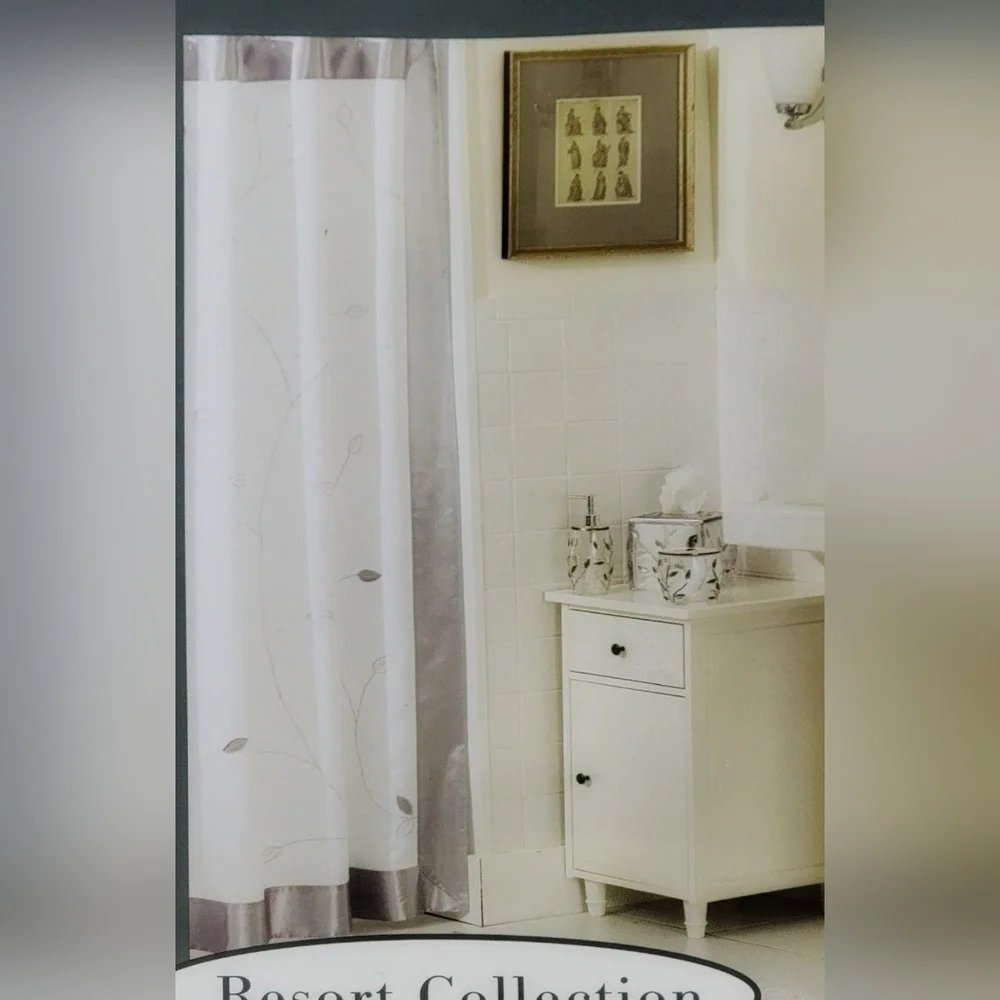 Metro Luxe Bath White & Silver Fabric‎ Shower Curtain NEW!